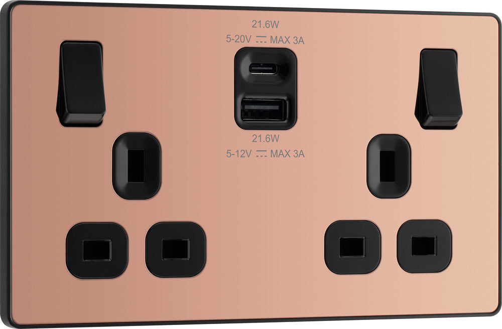 BG Evolve PCDCP22UAC22B 13A Double Switched Power Socket + USB A+C (22W) - Polished Copper (Black) - westbasedirect.com