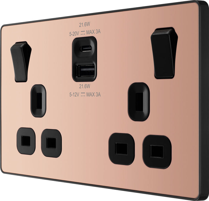 BG Evolve PCDCP22UAC22B 13A Double Switched Power Socket + USB A+C (22W) - Polished Copper (Black) - westbasedirect.com