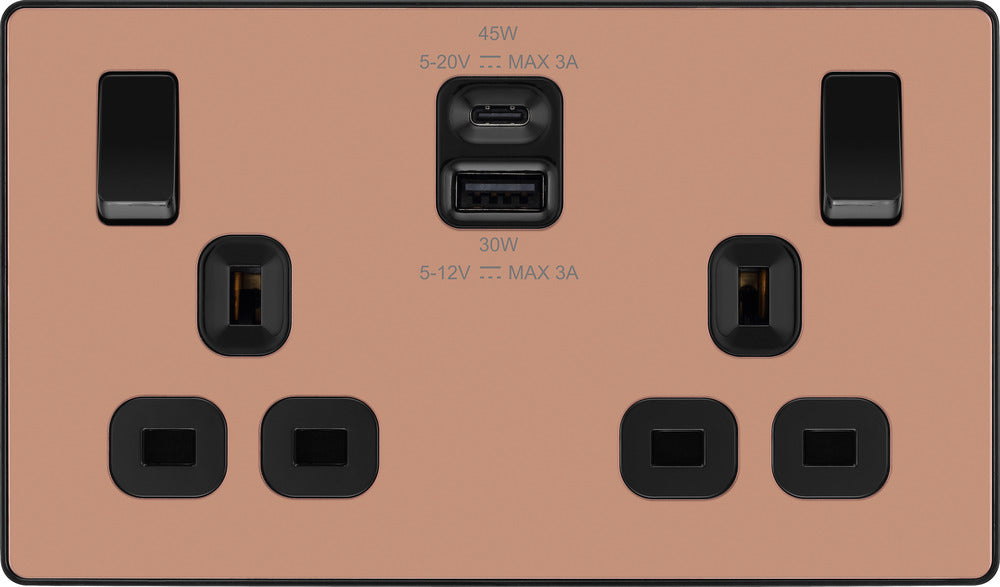 BG Evolve PCDCP22UAC45B 13A Double Switched Power Socket + USB A+C (45W) - Polished Copper (Black) - westbasedirect.com