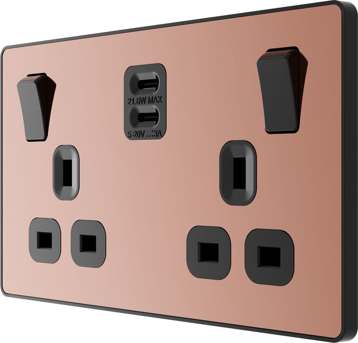 BG Evolve PCDCP22UCC22B 13A Double Switched Power Socket + 2xUSB-C (22W) - Polished Copper (Black)