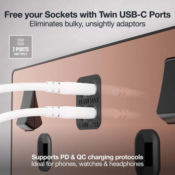 BG Evolve PCDCP22UCC22B 13A Double Switched Power Socket + 2xUSB-C (22W) - Polished Copper (Black)