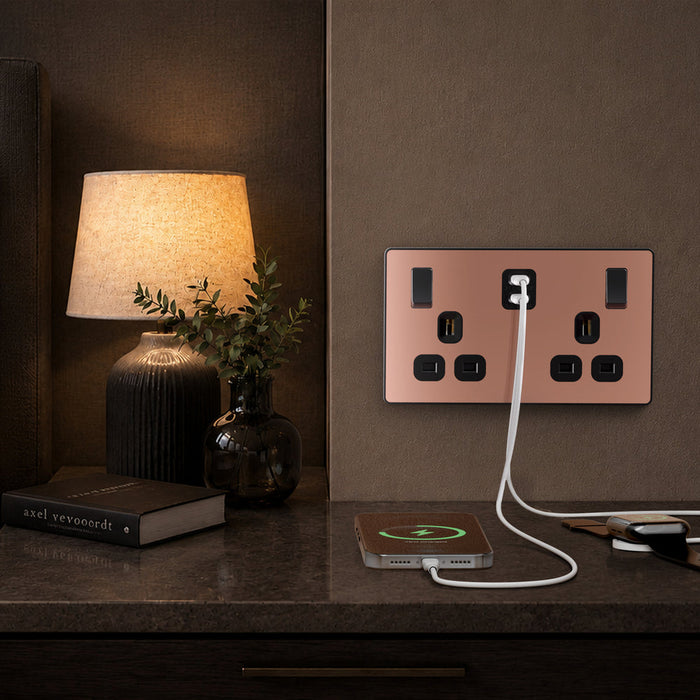 BG Evolve PCDCP22UCC22B 13A Double Switched Power Socket + 2xUSB-C (22W) - Polished Copper (Black)