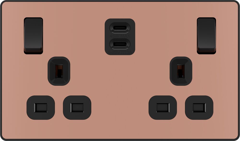 BG Evolve PCDCP22UCC45B 13A Double Switched Power Socket + 2xUSB-C (45W) - Polished Copper (Black)