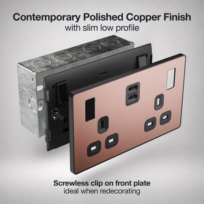 BG Evolve PCDCP22UCC65B 13A Double Switched Power Socket + 2xUSB-C (65W) - Polished Copper (Black)