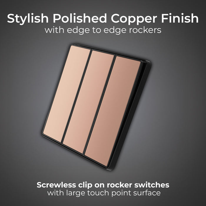 BG Evolve PCDCP43EB 20A 16AX 2 Way Triple Light Switch, Edge to Edge Rocker - Polished Copper (Black) - westbasedirect.com