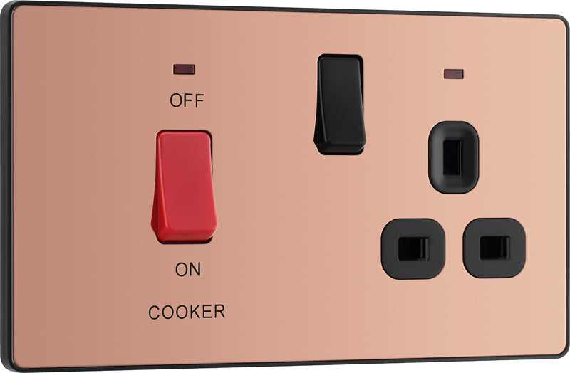 BG Evolve PCDCP70B 45A Double Pole Switch, Cooker Control Socket with LED Power Indicator - Polished Copper (Black) - westbasedirect.com