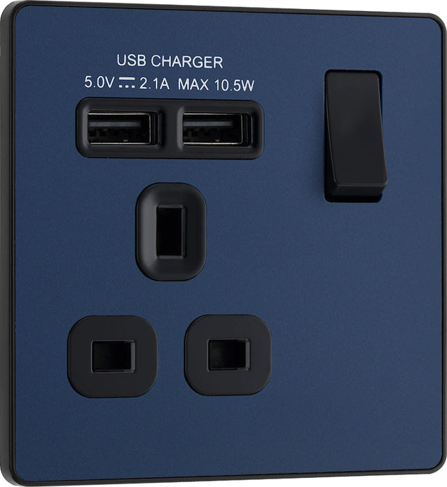 BG Evolve PCDDB21U2B 13A Single Switched Power Socket + 2xUSB(2.1A) - Matt Blue (Black) - westbasedirect.com