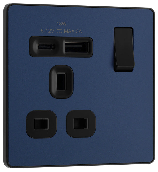 BG Evolve PCDDB21UAC18B 13A Single Switched Power Socket + USB A+C (18W) - Matt Blue (Black)