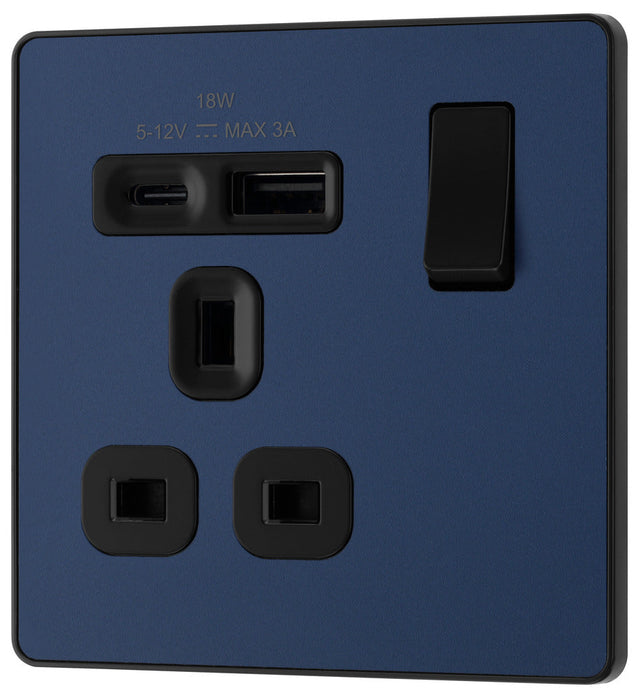 BG Evolve PCDDB21UAC18B 13A Single Switched Power Socket + USB A+C (18W) - Matt Blue (Black)