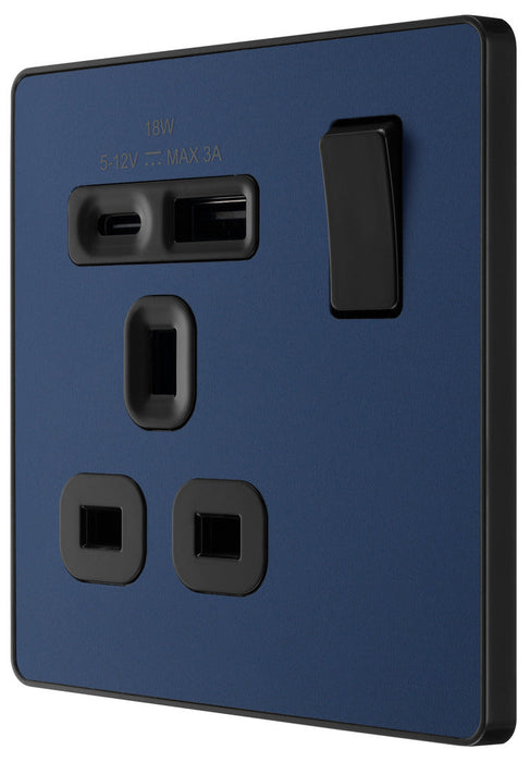 BG Evolve PCDDB21UAC18B 13A Single Switched Power Socket + USB A+C (18W) - Matt Blue (Black)