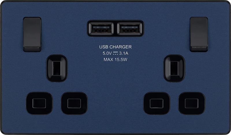 BG Evolve PCDDB22U3B 13A Double Switched Power Socket + 2xUSB(3.1A) - Matt Blue (Black) - westbasedirect.com