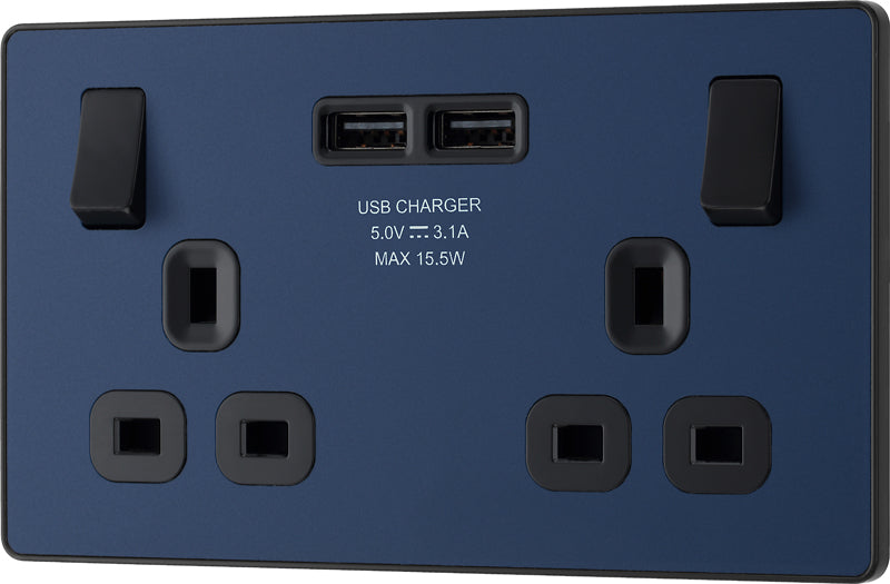 BG Evolve PCDDB22U3B 13A Double Switched Power Socket + 2xUSB(3.1A) - Matt Blue (Black) (5 Pack) - westbasedirect.com