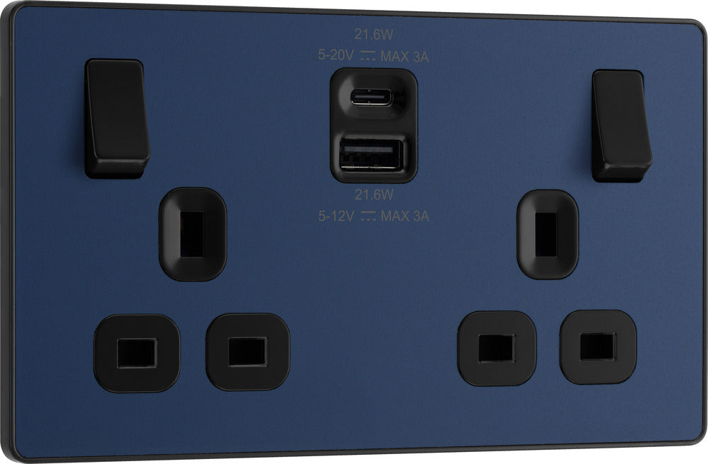 BG Evolve PCDDB22UAC22B 13A Double Switched Power Socket + USB A+C (22W) - Matt Blue (Black) - westbasedirect.com