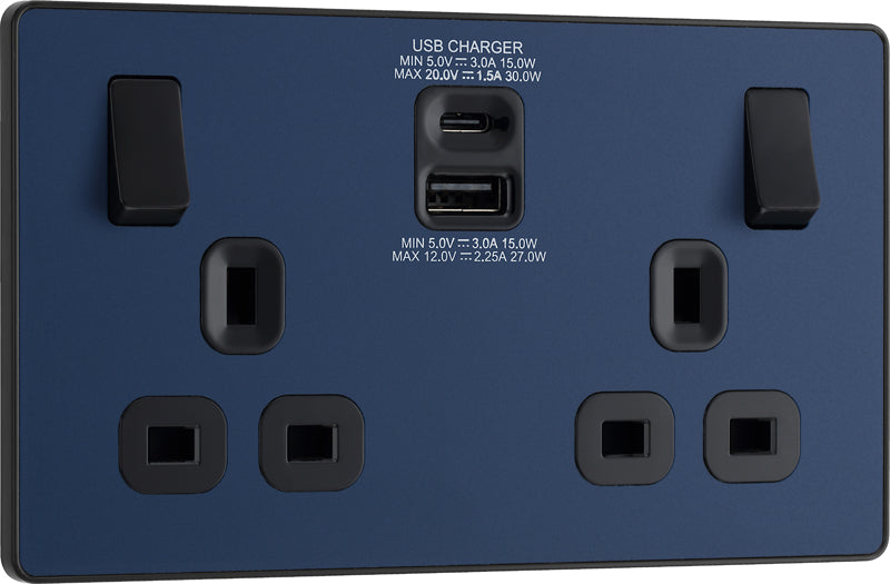 BG Evolve PCDDB22UAC30B 13A Double Switched Power Socket + USB C 30W + USB A(3.1A) - Matt Blue (Black) - westbasedirect.com