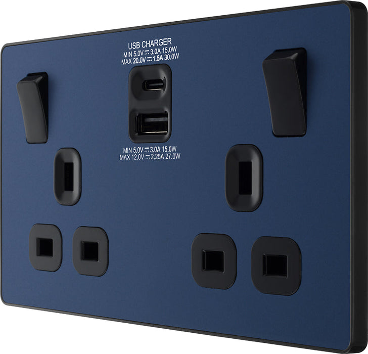 BG Evolve PCDDB22UAC30B 13A Double Switched Power Socket + USB C 30W + USB A(3.1A) - Matt Blue (Black) - westbasedirect.com