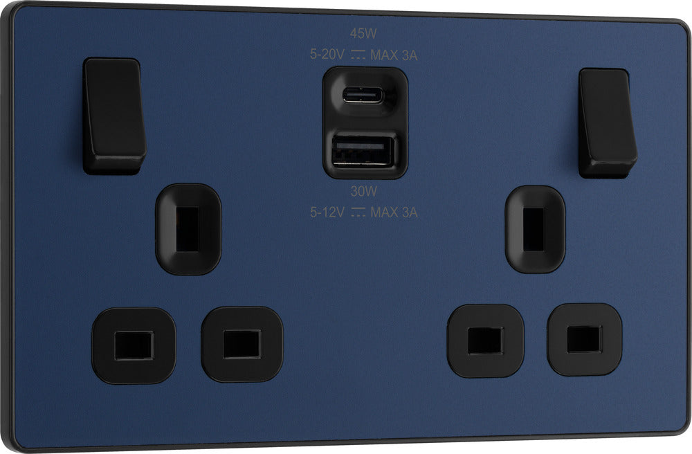 BG Evolve PCDDB22UAC45B 13A Double Switched Power Socket + USB A+C (45W) - Matt Blue (Black) - westbasedirect.com