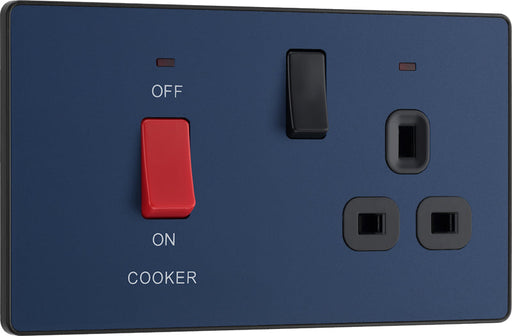 BG Evolve PCDDB70B 45A Cooker Control Socket, Double Pole Switch with LED Power Indicator - Matt Blue (Black) - westbasedirect.com