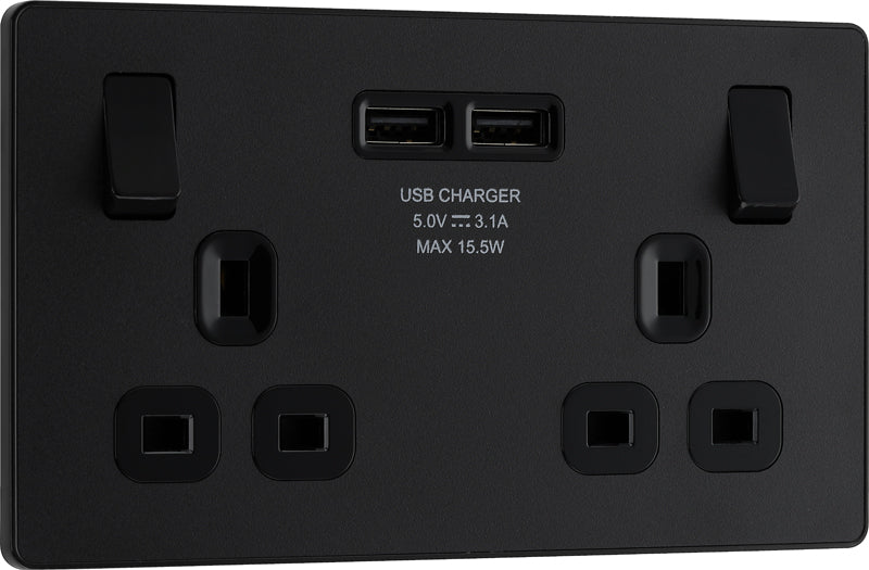 BG Evolve PCDMB22U3B 13A Double Switched Power Socket + 2xUSB(3.1A) - Matt Black (Black) - westbasedirect.com