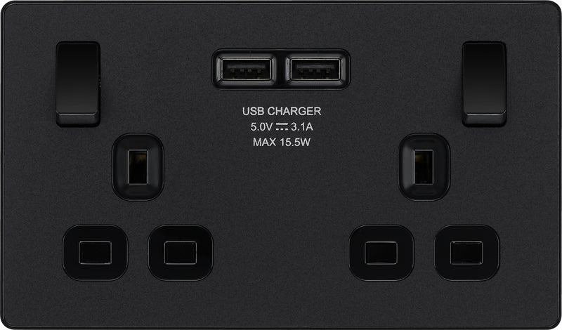 BG Evolve PCDMB22U3B 13A Double Switched Power Socket + 2xUSB(3.1A) - Matt Black (Black) - westbasedirect.com