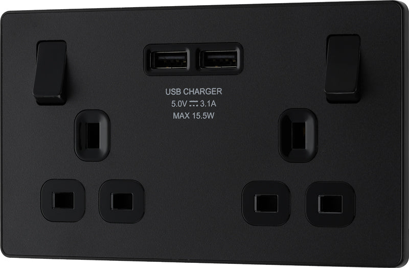 BG Evolve PCDMB22U3B 13A Double Switched Power Socket + 2xUSB(3.1A) - Matt Black (Black) (5 Pack) - westbasedirect.com