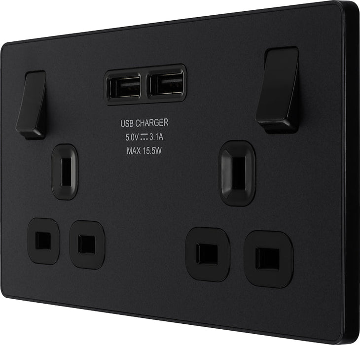 BG Evolve PCDMB22U3B 13A Double Switched Power Socket + 2xUSB(3.1A) - Matt Black (Black) - westbasedirect.com