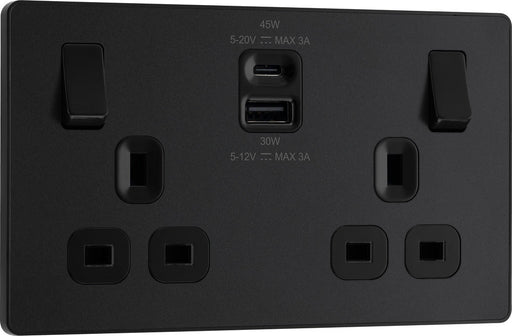 BG Evolve PCDMB22UAC45B 13A Double Switched Power Socket + USB A+C (45W) - Matt Black (Black) - westbasedirect.com