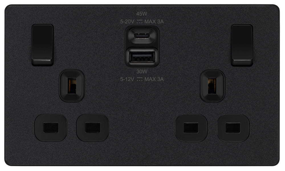 BG Evolve PCDMB22UAC45B 13A Double Switched Power Socket + USB A+C (45W) - Matt Black (Black) - westbasedirect.com