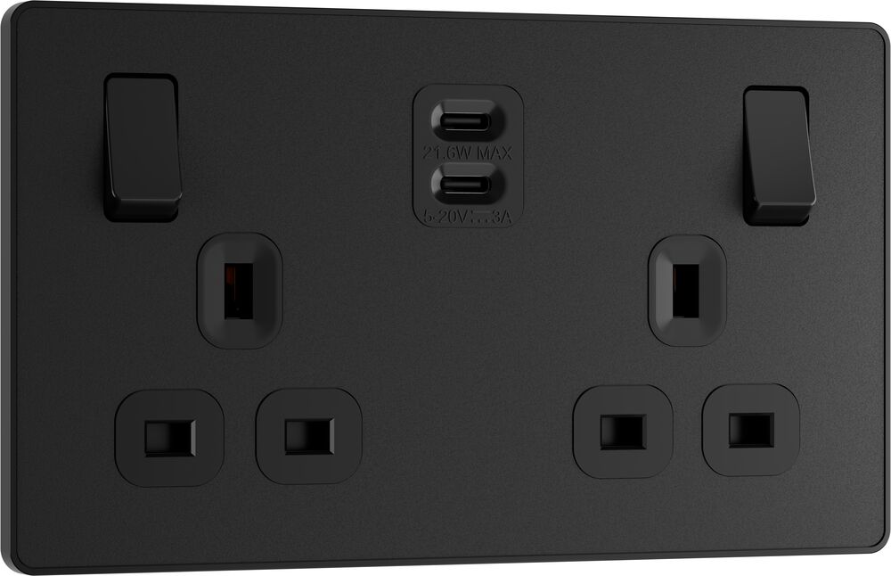 BG Evolve PCDMB22UCC22B 13A Double Switched Power Socket + 2xUSB-C (22W) - Matt Black (Black)