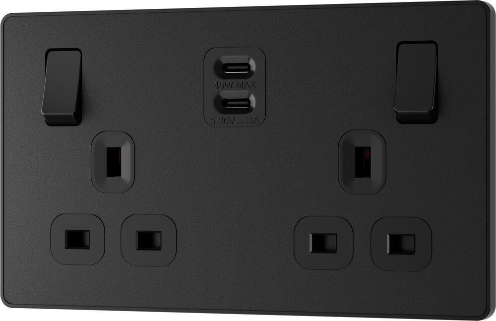BG Evolve PCDMB22UCC45B 13A Double Switched Power Socket + 2xUSB-C (45W) - Matt Black (Black)