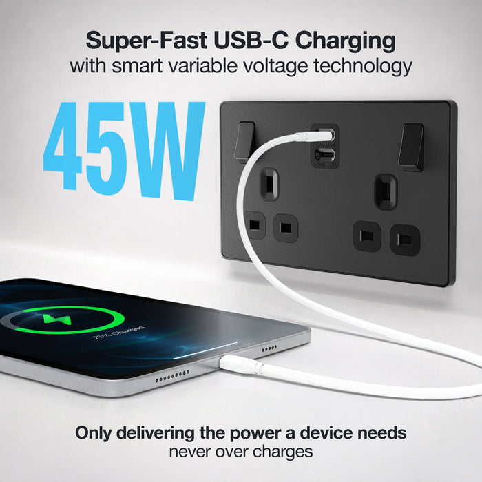 BG Evolve PCDMB22UCC45B 13A Double Switched Power Socket + 2xUSB-C (45W) - Matt Black (Black)