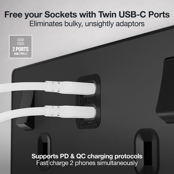 BG Evolve PCDMB22UCC45B 13A Double Switched Power Socket + 2xUSB-C (45W) - Matt Black (Black)