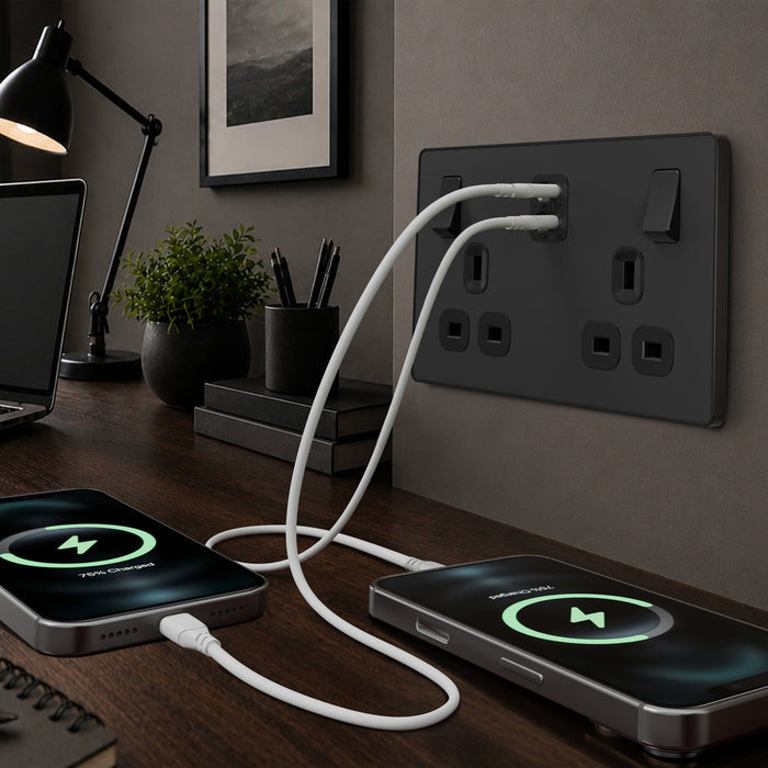 BG Evolve PCDMB22UCC45B 13A Double Switched Power Socket + 2xUSB-C (45W) - Matt Black (Black)