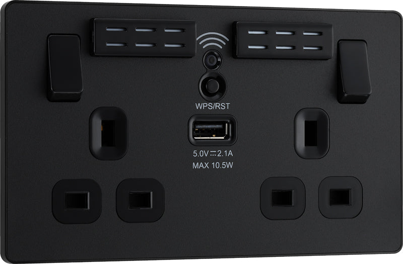 BG Evolve PCDMB22UWRB 13A Double Switched Power Socket + WiFi Extender + 1xUSB(2.1A) - Matt Black (Black) - westbasedirect.com