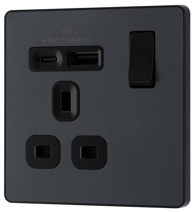 BG Evolve PCDMG21UAC18B 13A Single Switched Power Socket + USB A+C (18W) - Matt Grey (Black)