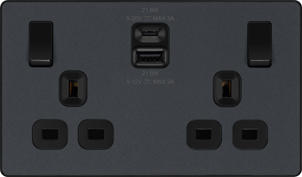 BG Evolve PCDMG22UAC22B 13A Double Switched Power Socket + USB A+C (22W) - Matt Grey (Black) - westbasedirect.com