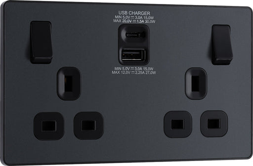 BG Evolve PCDMG22UAC30B 13A Double Switched Power Socket + USB C 30W + USB A(3.1A) - Matt Grey (Black) - westbasedirect.com