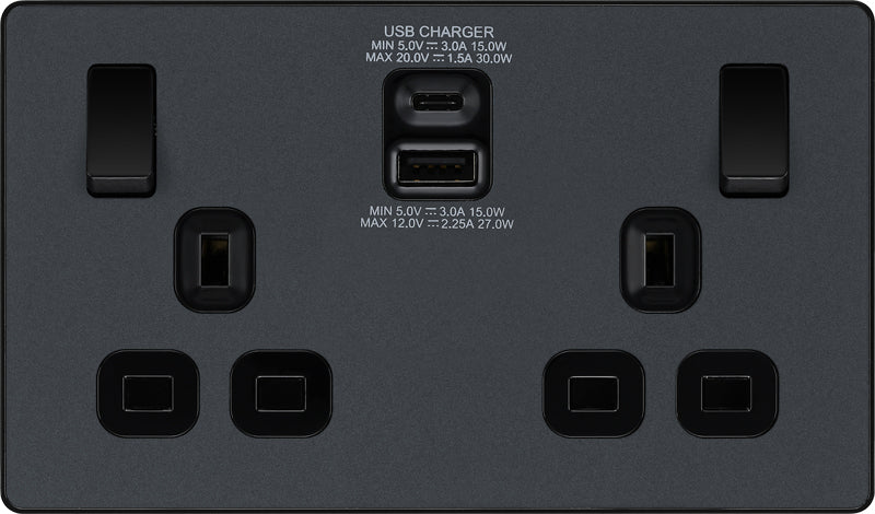 BG Evolve PCDMG22UAC30B 13A Double Switched Power Socket + USB C 30W + USB A(3.1A) - Matt Grey (Black) - westbasedirect.com