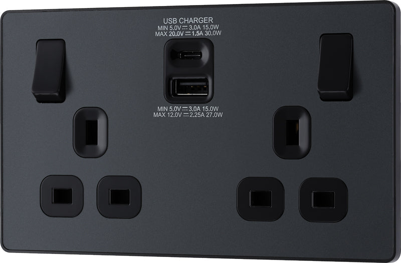 BG Evolve PCDMG22UAC30B 13A Double Switched Power Socket + USB C 30W + USB A(3.1A) - Matt Grey (Black) - westbasedirect.com