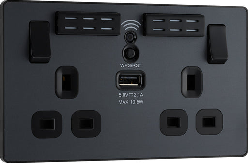 BG Evolve PCDMG22UWRB 13A Double Switched Power Socket + WiFi Extender + 1xUSB(2.1A) - Matt Grey (Black) - westbasedirect.com