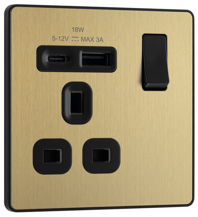 BG Evolve PCDSB21UAC18B 13A Single Switched Power Socket + USB A+C (18W) - Satin Brass (Black)