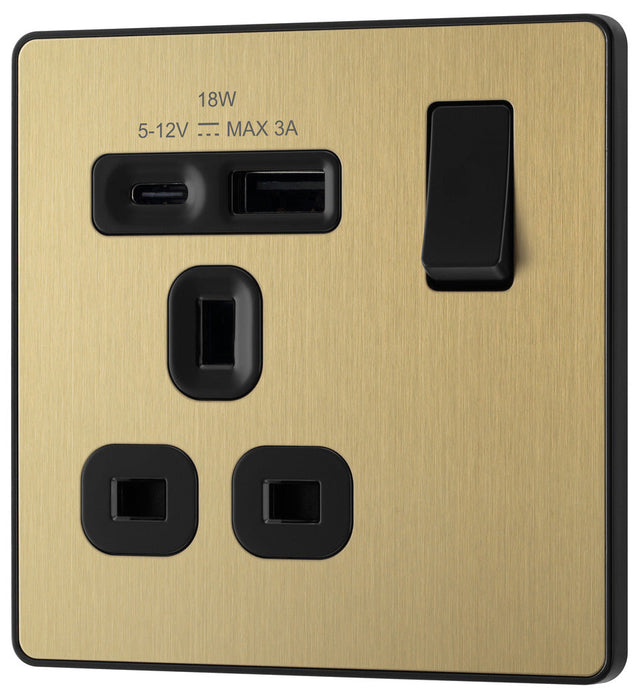 BG Evolve PCDSB21UAC18B 13A Single Switched Power Socket + USB A+C (18W) - Satin Brass (Black)