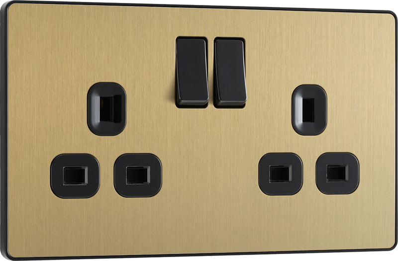 BG Evolve PCDSB22B 13A Double Switched Power Socket - Satin Brass (Black) - westbasedirect.com