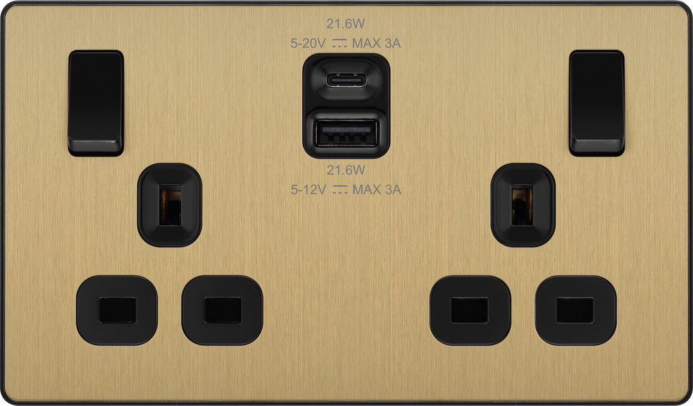 BG Evolve PCDSB22UAC22B 13A Double Switched Power Socket + USB A+C (22W) - Satin Brass (Black) - westbasedirect.com