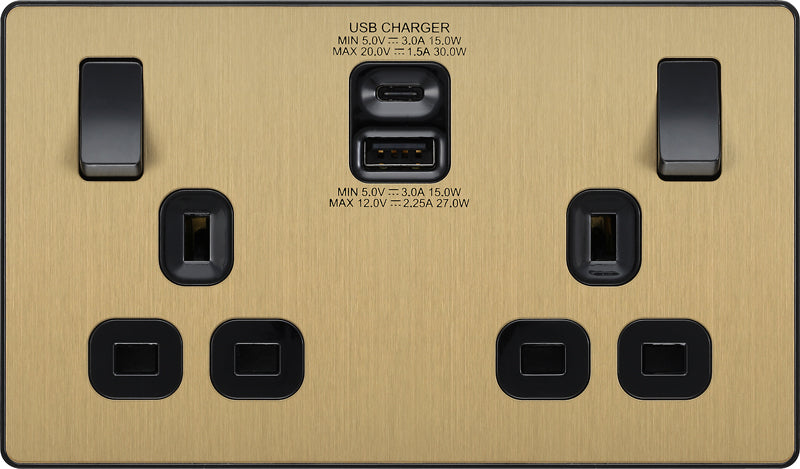 BG Evolve PCDSB22UAC30B 13A Double Switched Power Socket + USB C 30W + USB A(3.1A) - Satin Brass (Black) - westbasedirect.com