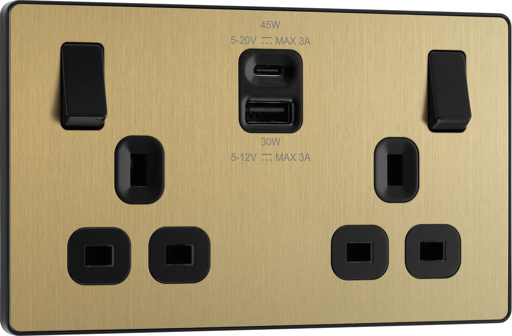 BG Evolve PCDSB22UAC45B 13A Double Switched Power Socket + USB A+C (45W) - Satin Brass (Black) - westbasedirect.com