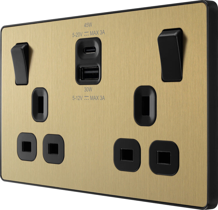 BG Evolve PCDSB22UAC45B 13A Double Switched Power Socket + USB A+C (45W) - Satin Brass (Black) - westbasedirect.com