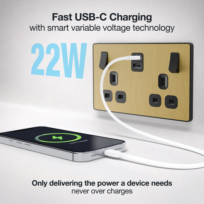 BG Evolve PCDSB22UCC22B 13A Double Switched Power Socket + 2xUSB-C (22W) - Satin Brass (Black)