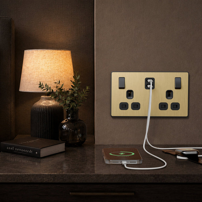 BG Evolve PCDSB22UCC22B 13A Double Switched Power Socket + 2xUSB-C (22W) - Satin Brass (Black)