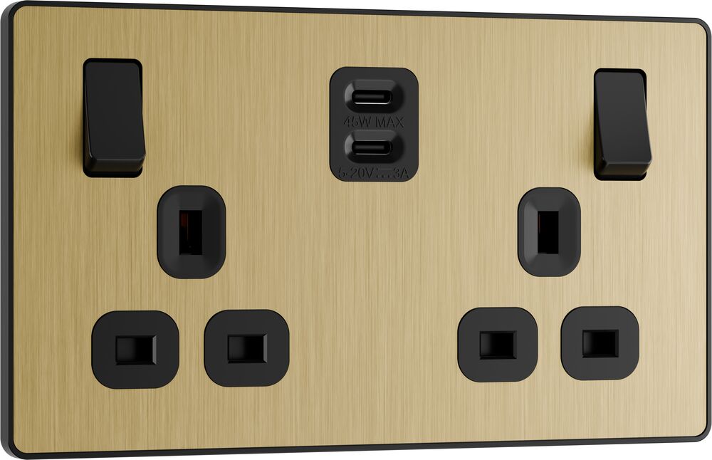BG Evolve PCDSB22UCC45B 13A Double Switched Power Socket + 2xUSB-C (45W) - Satin Brass (Black)