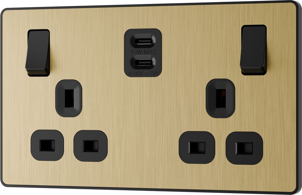 BG Evolve PCDSB22UCC45B 13A Double Switched Power Socket + 2xUSB-C (45W) - Satin Brass (Black)